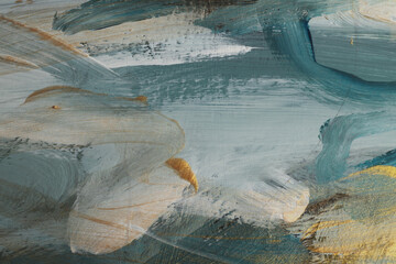 Art modern Texture oil and Acrylic smear blot painting. Abstract gold and blue color stain brushstroke canvas background.