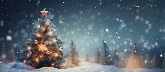 Christmas tree decorations on blurred winter background. AI generated image