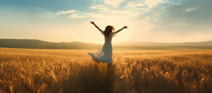 Happy freedom young woman in a meadow with their hands up sunset view landscape. AI generated