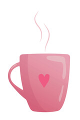 Cup with pink heart shaped label. Flat icon isolated on white background. Valentines day concept. Vector illustration in flat style for web design, banner, flyer, invitation, card.