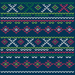 Sweater Merry Christmas Happy New Year Vector illustration of colored knitted seamless patterns folk style Scandinavian ornaments. Paper wallpaper for textile printing. White, red and green color.