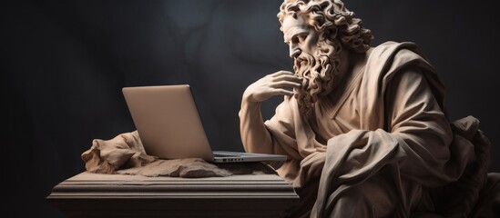 Goddess sculpture ancient working with laptop isolated dark background