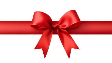 A large red ribbon bow in the centre of a straight piece of ribbon to be used as a birthday or Christmas banner, border isolated against a transparent background