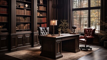 A brown home office with a leather desk chair, dark wood desk, and organized workspace
