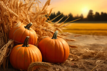 Picturesque Autumn Scene: Hay Bales, Pumpkins, and Sunset Hues