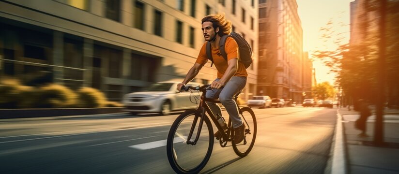 Young man bike in the city at sunset blur background. AI generated image