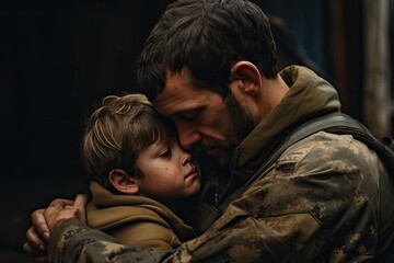 A family portrait reflects a mixture of emotions - love, sadness and the bonds that unite them. Military dad hugs his child.