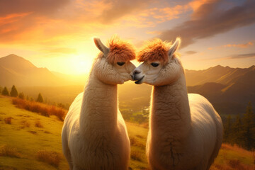 Fototapeta premium Adorable Alpacas: Affectionate Kiss in Nature's Embrace