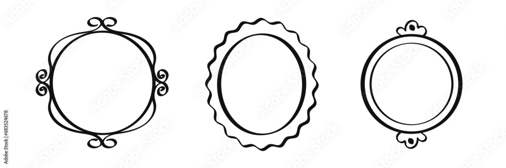 Poster mirror hand drawn round frames. oval and round line border