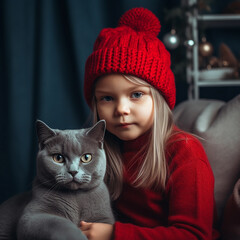 Little girl in a red hat and sweater holding a big gray British cat, portrait, close-up, winter New Year background, cute Christmas wallpaper