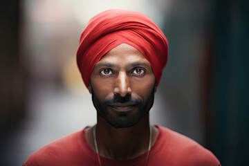 Close-up portrait of an Indian man in traditional clothes, wearing a turban with cultural pride. - obrazy, fototapety, plakaty