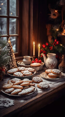 Tasty homemade Christmas cookies on the table. Gingerbread. Christmas holiday treats.