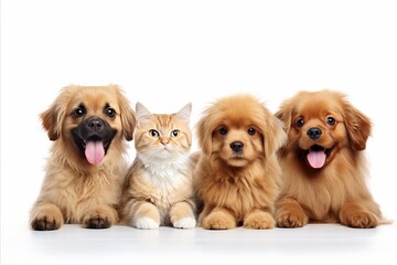 Group of various cats and dogs, big and small, isolated on white background with copy space