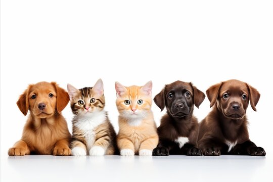 Diverse group of cats and dogs, varying in size, isolated on white background with copy space