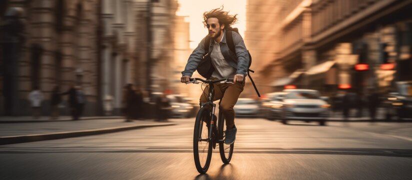 Young man bike in the city at sunset blur background. AI generated image
