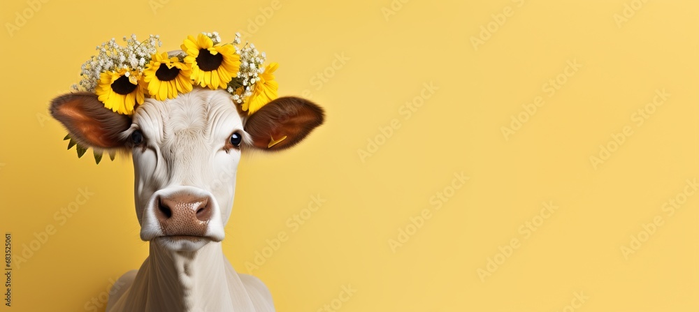 Poster stylish happy dairy cattle on pastel color background with copy space for text placement