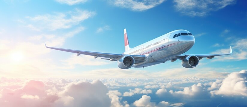 Beautiful airplane with Sunlight an edge of blue sky with clouds. AI generated image