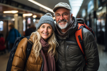 A couple, full of joy and love, laughing and hugging. Senior man and young woman, husband and wife enjoy a happy life hiking and travelling with backpacks - obrazy, fototapety, plakaty