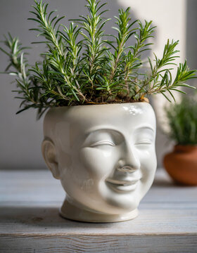 Smiling pot with rosemary, creative imagery for herbal hair care and natural treatment concepts