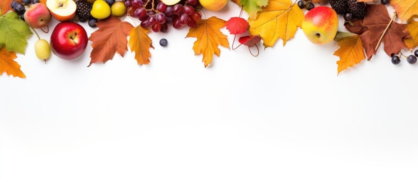 Set autumn leaves with fruits isolated white background. AI generated image