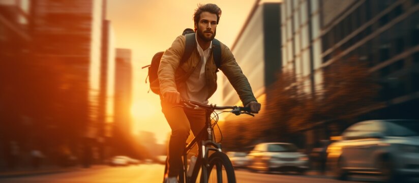 Young man bike in the city at sunset blur background. AI generated image