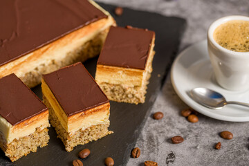 Eskimo cake. Pieces of cake with a cup of coffee