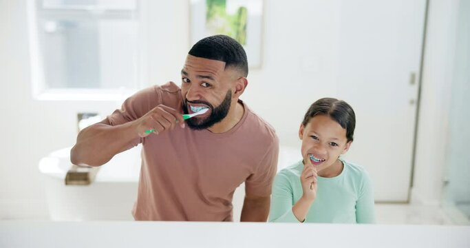 Happy father, kid and brushing teeth in bathroom for dental care, hygiene or morning routine together at home. Dad and little girl or child cleaning with smile for tooth whitening, gum and mouth