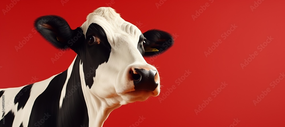 Poster stylish dairy cattle posing on pastel background with ample copy space for text placement