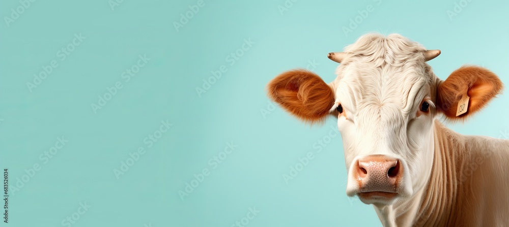 Poster stylish happy dairy cattle on pastel color background with copy space for text placement