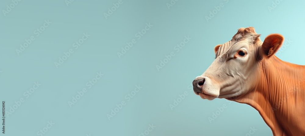 Poster styled happy dairy cattle on pastel color background with copy space for text placement