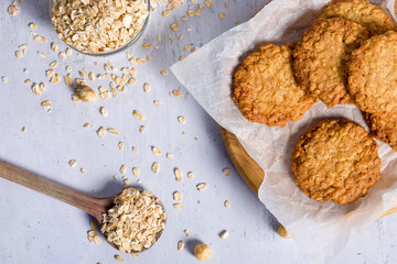 Oatmeal cookies with hazelnuts. Flat lay