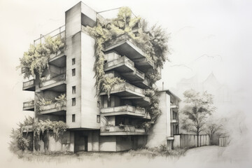 A Home in Nature: Pencil Art of a Rustic Apartment Building