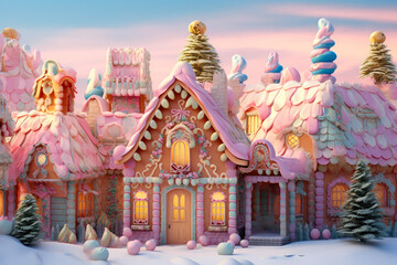 Whimsical Holiday Village: Gingerbread Delights in Pastel Skies - obrazy, fototapety, plakaty