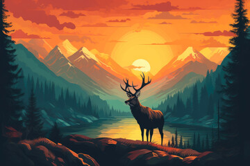 Twilight Silhouette: Wild Deer Amidst Mountain Sunset