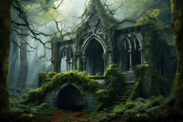 Ethereal Decay: Manor Lost Amidst Flourishing Woods