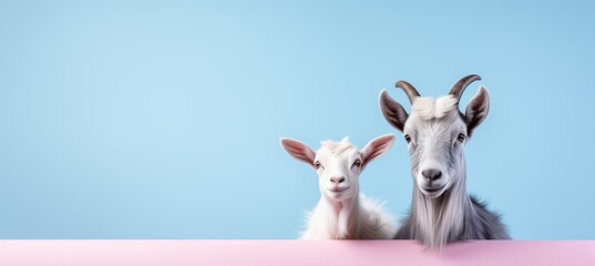 Obraz premium Stylish happy goats on pastel background with space for adding text, quotes, or captions