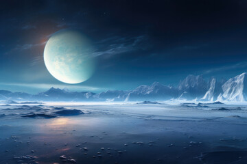 Naklejka na ściany i meble Europa's Splendor: Exploring the Icy Moonscape Beneath a Stellar Sky