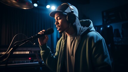 African American Rapper singing confidently in front of a microphone at Recording studio