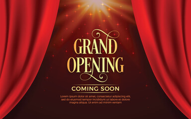 Realistic grand opening invitation banner with red curtains, golden elements and 3d editable text effect