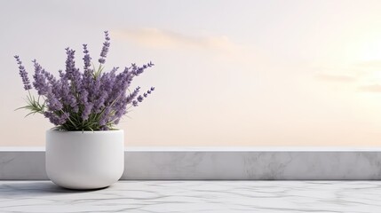 lavender blossoms showcased in a flower pot, elegantly positioned on a white marble table, set against a modern minimalist background with open space for text or invitations.