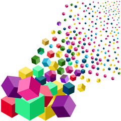  On a white background there are many flying and falling multi-colored cubes.