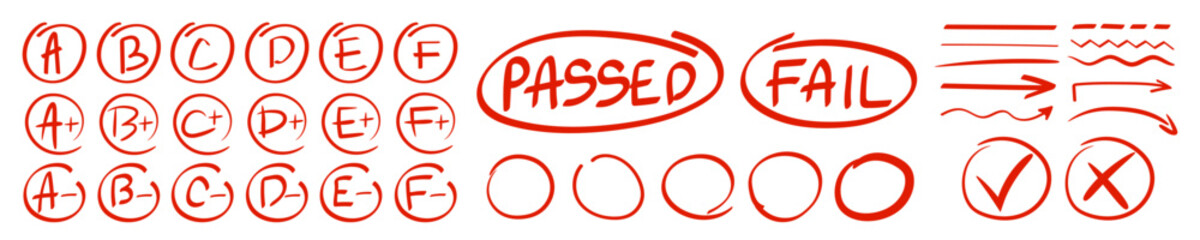 Exam grade doodle hand drawn marks. School exam marks in circle