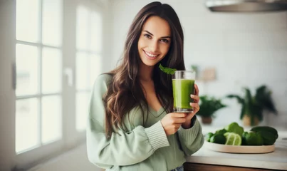Fotobehang A young woman stood in a kitchen with a healthy green smoothie detox diet drink © ink drop