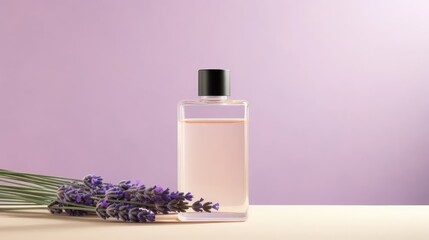 Obraz na płótnie Canvas an essential oil bottle complemented by the allure of blooming lavender sprigs, against a modern minimalist backdrop, leaving ample space for text or invitations.