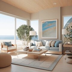 Innenarchitektur eines modernen Wohnzimmers im Küstenstil, helles modernes Wohnzimmer an der Küste mit grossen Fenstern