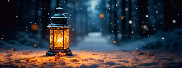 Christmas lantern in the snow.Generative AI