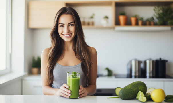 A young woman stood in a kitchen with a healthy green smoothie detox diet drink