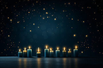 Flaming blue candles at night on dark background with stars and lights. Candles in Christian church...