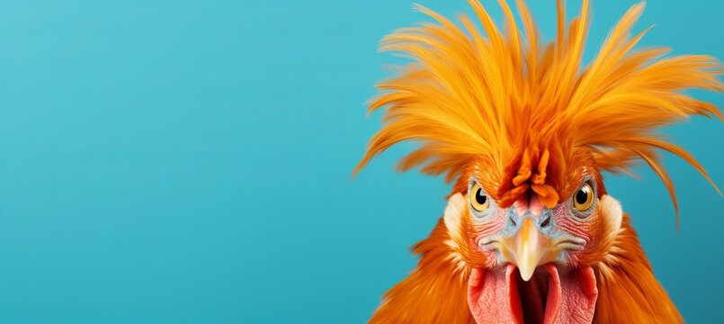 Happy Chicken Posing On Solid Pastel Color Background For Text Placement In A Fashion Studio Shot