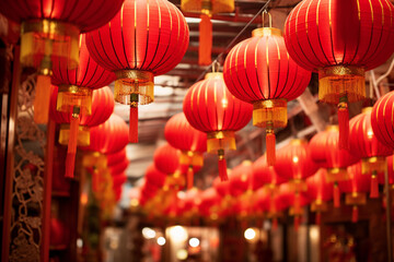 Chinese lanterns along a street in a business district or the local square, in the style of selective focus, light red and dark gold, intricate floral prints, eclectic curatorial style